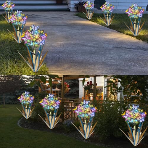 Homight Solar Metal Agave Butterfly Flower Stick Garden Sculpture Outdoor Gift Solar Garden Christmas Lights Swaying Butterfly Garden Lights Solar Outdoor (2 PCS Blue)