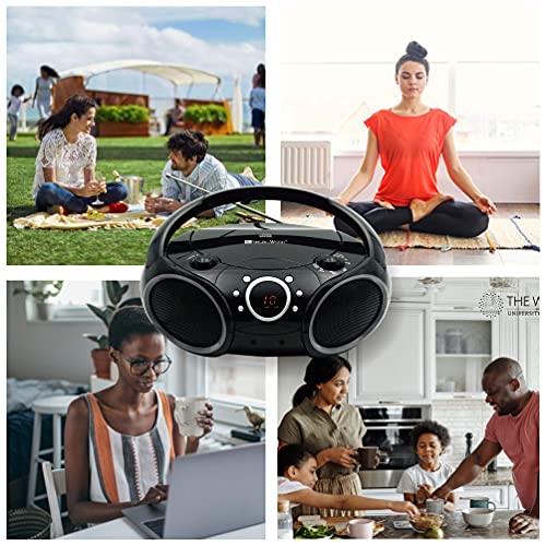 SINGING WOOD 030C Portable CD Player Boombox AM FM Analog Tuning Radio, Aux Line in, Headphone Jack, Foldable Carrying Handle (Black with a Touch of Grey Rims)