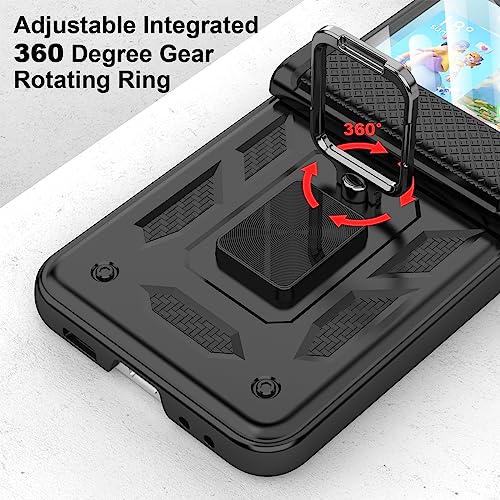 Galaxy Z Flip 5 Case with Hinge Protection Back Screen Protector Shockproof Z Flip 5 Case Ring Kickstand for Samsung Flip Z 5G Case - Black