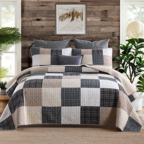SahSahCasa Queen Size Quilt Set, 100% Cotton Bedding Bedspread, Patchwork Farmhouse Plaid Lightweight Rustic Comforter for All Seasons, Beige