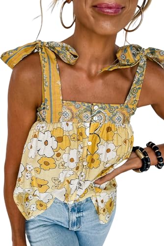 EARKOHA Womens Summer Boho Floral Tank Top Cute Beach Flowy Crop Blouse Top Yellow S