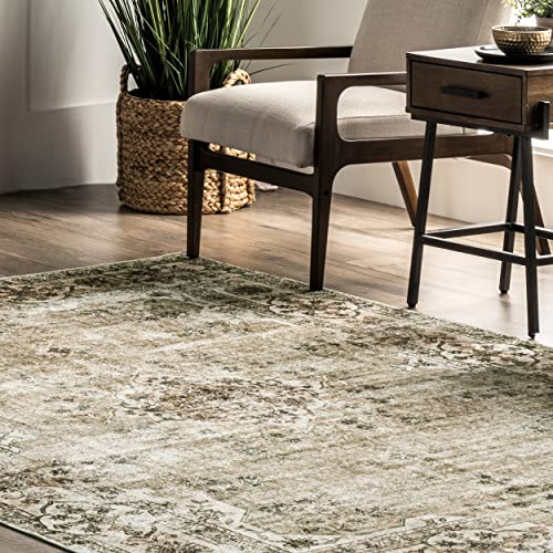 nuLOOM Paisley Machine Washable Faded Floral Border Medallion Ultra Thin Area Rug, 3' x 5', Light Pink