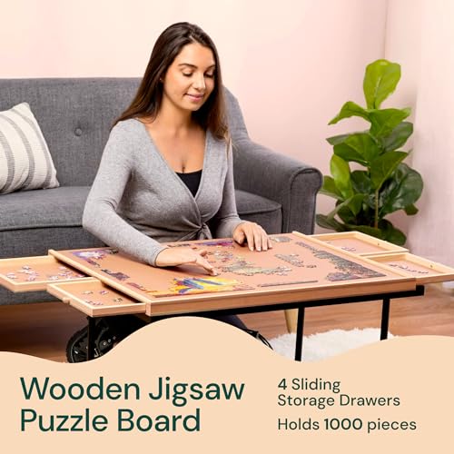 PLAYVIBE Rotating Jigsaw Puzzle Board with Drawers 1000 Piece – Puzzle Table with Cover, 4 Drawers, 22 1/4” x 30" – Wooden Puzzle Organizer – Puzzle Accessories