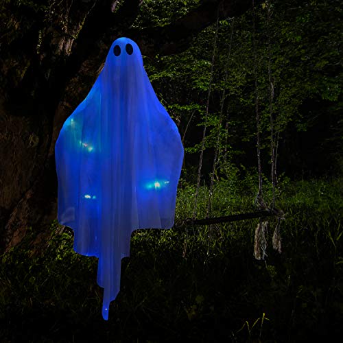 JOYIN Halloween Hanging Light up Ghost with Spooky Blue LED Light, 47” White Hanging Ghosts, Halloween Hanging Decoration for Front Yard Patio Lawn Garden Party Decor Indoor Outdoor