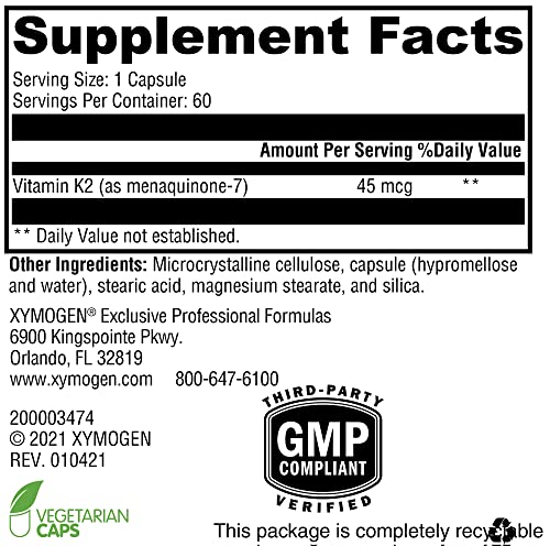 XYMOGEN K2-45 Vitamin K - Vitamin K2 MK-7 Derived from Non-GMO Soybeans - The Most Bioavailable Form of Vitamin K2 Supplement Available - Supports Cardiovascular + Bone Health (60 Capsules)