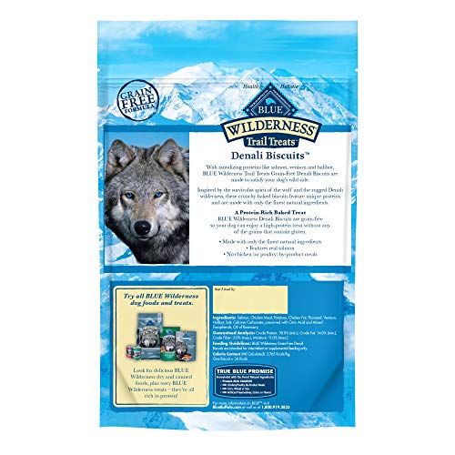 Blue Buffalo Wilderness Denali Biscuits High Protein Grain Free Crunchy Dog Treats, Wild Salmon, Venison, & Halibut 8-oz bag