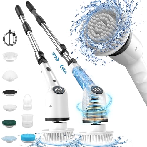 Electric Spin Scrubber - IMAXTOP Cordless Cleaning Brush with 8 Replaceable Heads, Shower Cleaner with Long Handle, Bathroom, Grout, Tub, Floor, Kitchen Cleaner
