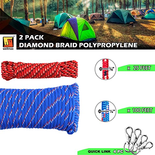 Wellmax Diamond Braided Nylon Rope with Uv Treatment and Weather Resistant, 2 Pack 1/4 Inch X 100ft, 3/16" X 25ft Multi-Color with 4 Bonus Quick Links