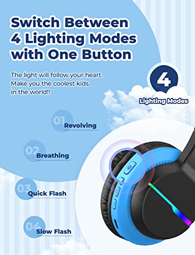 iClever BTH12 Kids Bluetooth Headphones,Colorful LED Lights Wireless Kids Headphones,74/85/94dB Volume Limited,85H Playtime,Bluetooth 5.2,Over Ear Headphones with Mic for iPad/Tablet/Traveling,Black