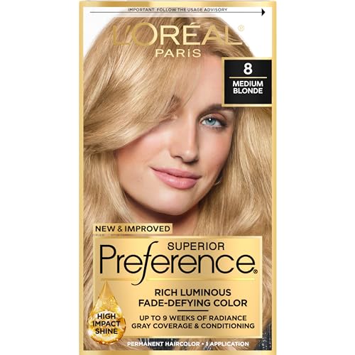 L'Oreal Paris Superior Preference Fade-Defying + Shine Permanent Hair Color, 8 Medium Blonde, Pack of 1, Hair Dye