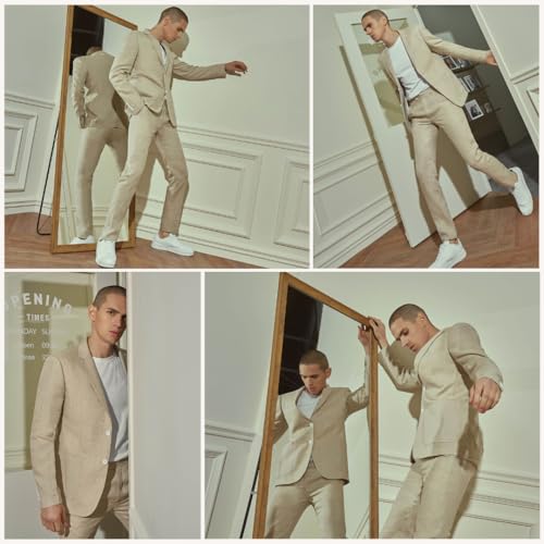 1PA1 Men's 2 Piece 100% Linen Slim Fit Suit Two Buttons Suit Jacket Blazer & Suit Pants Set Solid Business Suits (31008 Navy L)