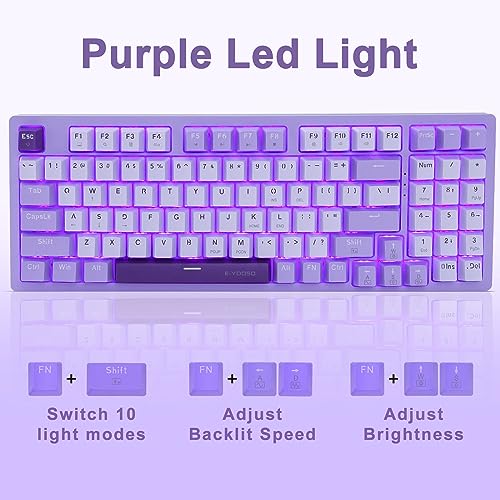 HUO JI Mechanical Gaming Keyboard USB Wired Compact with Number Pad, Purple Led Backlit, Blue Switch, Detachable Type C Cable, 94 Keys for PC/Computer/Laptop, White and Purple
