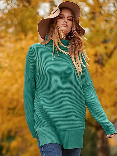 ANRABESS Women Oversized Turtleneck Long Batwing Sleeve Split Hem Pullover Knit Tunic Sweater Outfits 2024 Trendy Clothes Nutmeg Small