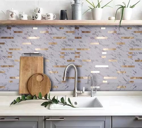 weimeisc 10-Sheet Peel and Stick Backsplash Tile, PVC Mixed Metal Stick on Backsplash Tiles for Kitchen (10, White Stone+Metal Gold)
