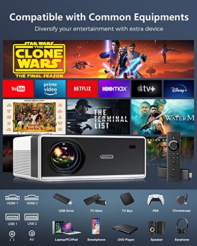 FUDONI Projector with WiFi and Bluetooth, Outdoor Portable 4K Support Projector 18000L HD 1080P Max 300" Display Zoom, Movie Video Home Theater Projector Compatible with HDMI/USB/Phone/Laptop/TV Stick