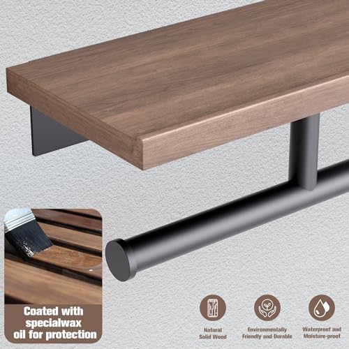 Tindbea Toilet Paper Holder with Wood Shelf, Wooden Wall Mount Tissue Paper Roll Holder, Matte Black Stainless Steel Bathroom Accessories Decor for Household Home Apartment Restroom Essential (Wenge)