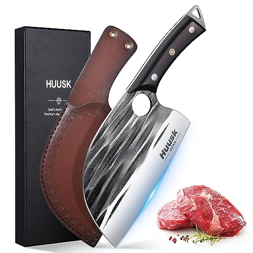 Huusk Knives from Japan, Upgraded Serbian Chef Knife Forged Butcher Knife with Sheath Japanese Meat Cleaver Knife for Meat Cutting Heavy Duty Chopping Knife for Outdoor Cooking, Camping