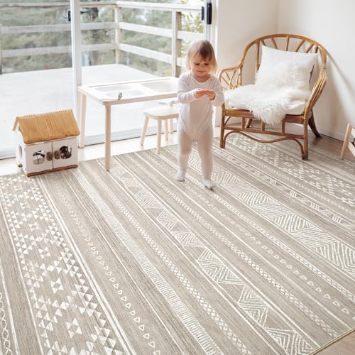 DMOYEST 3x5 Area Rug Living Room Rugs - Washable Large Soft Boho Neutral Geometric Moroccan Modern Rug for Bedroom Dining Room Home Office Non Slip Low Pile Farmhouse Carpet Indoor - Brown