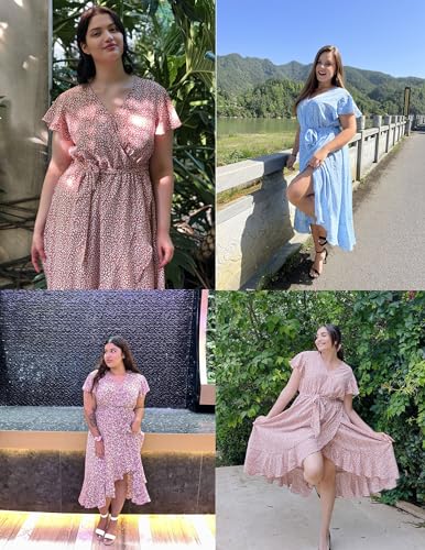 IN'VOLAND Plus Size Womens Casual Floral Deep V Neck Short Sleeve Long Evening Dress Cocktail Party Maxi Wedding Dresses