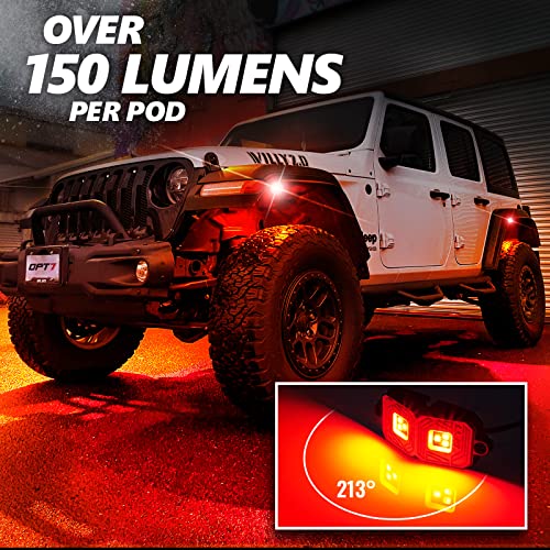 OPT7 Photon RGB LED Magnet Rock Lights with Remote Control, 4 Red Pods Wide Angle Multicolor Neon Underglow Lighting Kit with Extension Wire, IP68 Waterproof for Offroad Truck Jeep RZR ATV UTV SUV