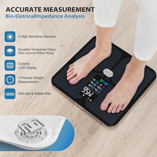 ABLEGRID Body Fat Scale,Digital Smart Bathroom Scale for Body Weight, Large LCD Display Screen, 16 Body Composition Metrics BMI, Water Weigh, Heart Rate, Baby Mode, 400lb, Rechargeable