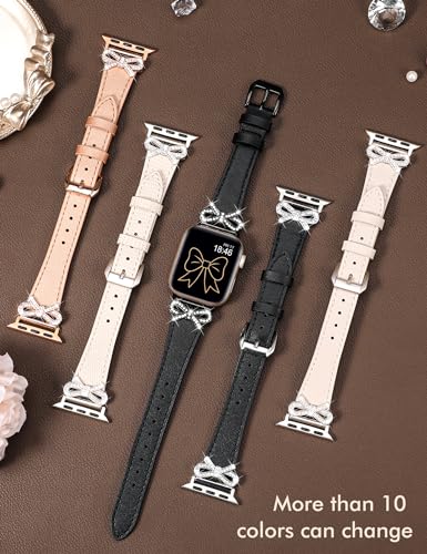 TOYOUTHS Bow Leather Band Compatible with Apple Watch Band 41mm 40mm 38mm Women, Top Grain Leather Strap Thin Slim Fancy Dressy Cute Designer Wristband for iWatch Series 9 SE 8 7 6 5 4 3 2 1