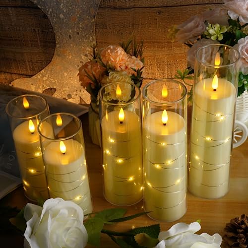 kakoya Flameless LED Candles with Timer 5 Pc Flickering Flameless Candles for Romantic Ambiance and Home Decoration Stable Acrylic Shell,with Embedded Star String，Battery Operated Candles（Orange）