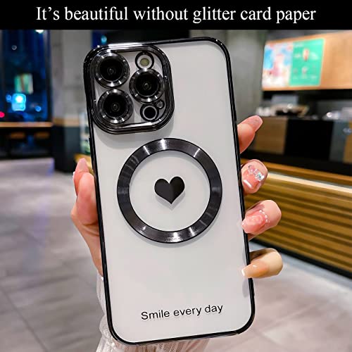 Weonmov for iPhone 13 Pro Max Case Magnetic Glitter Compatible with MagSafe, Bling Love Heart Clear Phone Case, Camera Protection Sparkly Plating Slim Soft Back Cover for Women Girls - Black