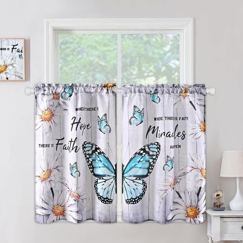 Likiyol Butterfly Kithchen Curtains Floral Daisy Tier Curtains, Farmhouse Gray Cafe Curtains, Rod Pocket Small Window Curtain for Cafe Bathroom Bedroom Drapes, 26 x 36 Inches (2 Panels)