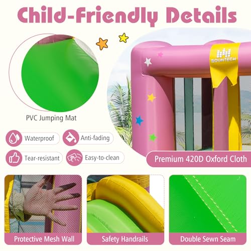 BOUNTECH Inflatable Bounce House, Bouncy House for Kids 3-12 Indoor Outdoor w/480W Blower, Jumping Area, Slide, Basketball Game, Mini Bounce House for Toddler Boys Girls Birthday Party Backyard Gifts