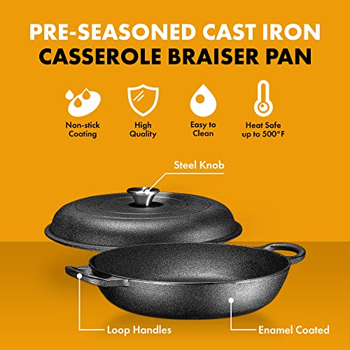 Bruntmor 3.8 Quart Enamel Cast Iron Dutch Oven With Handles And Lid, 3.8 Qt Black Cast Iron Skillet, Enamel Shallow Cookware Braising Pan For Casserole Dish, Crock Pot Covered With Cast Iron- Black