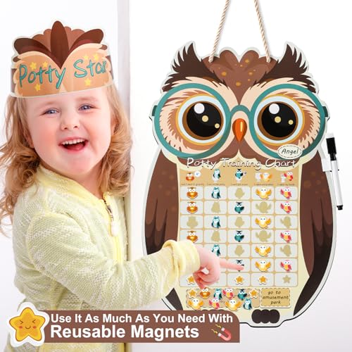 Potty Training Chart for Toddlers Boys and Girls, Large Owl Potty Chart with 37 Magnetic Stickers for Kids, Cute Reusable Potty Training Reward Chart with 3 Instruction Steps and Crown, Marker