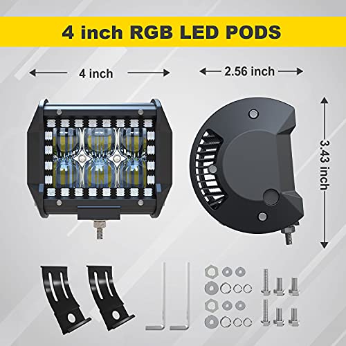 FEELON 4PCS 4" inch LED Pods Flood Work Light Bar with Multi-Color Chasing RGB Halo 16 Solid Colors Over 92 Flashing Modes Offroad Pods Lights LED Driving Lamp Fog Lights with Switch Wiring Harness