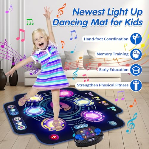 Dance Mat for Kids - Electronic Dance Pad with Light-up 6-Button & Wireless Bluetooth, Music Dance Game Mat with Built-in Music 9 Levels and 3 Modes, Birthday Gifts, Toys for Girls Ages 4-8, 8-12