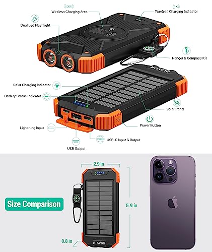 BLAVOR Solar Charger Power Bank 10,000mAh, Portable Wireless Charger, 20W Fast Charging External Battery Pack with USB C for Cell Phones, Solar Panel Charger with Dual Flashlight for Camping