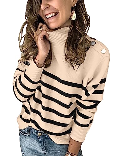 KIRUNDO Women's 2024 Fall Winter Long Sleeve Knit Sweater Turtleneck Striped Loose Pullover Tops Deco with Metal Buttons(Medium, Gray)