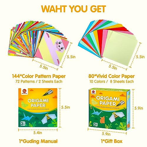 Mocoosy 224 Sheets Origami Paper Kit for Kids Ages 8-12, Square Color Folding Paper Set with 72 Pattern & Origami Book, Art and Craft Supplies Boys Girls 5-8 9-12 Car Travel Road Trip Game Activities