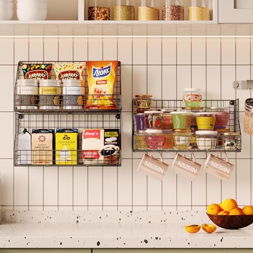 X-cosrack 3-Tier Stackable Detachable Snack Organizer (Large Size), Countertop Display/Wall Mounted Shelf with 5 Hooks Wire Basket Snack Shelf for Office Cabinets, Kitchen, Pantry, 11.8x7.8x22 Inch