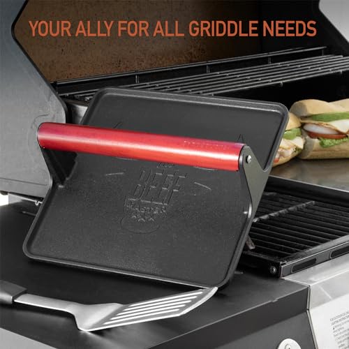 Cast Iron Grill Press - 8 x 4 Inch, 2.6 lb Griddle Press with Cool-Touch Wood Handle - Pre-seasoned for Steak, Burgers, Sandwiches, and Paninis – Non-Stick Grill Weight