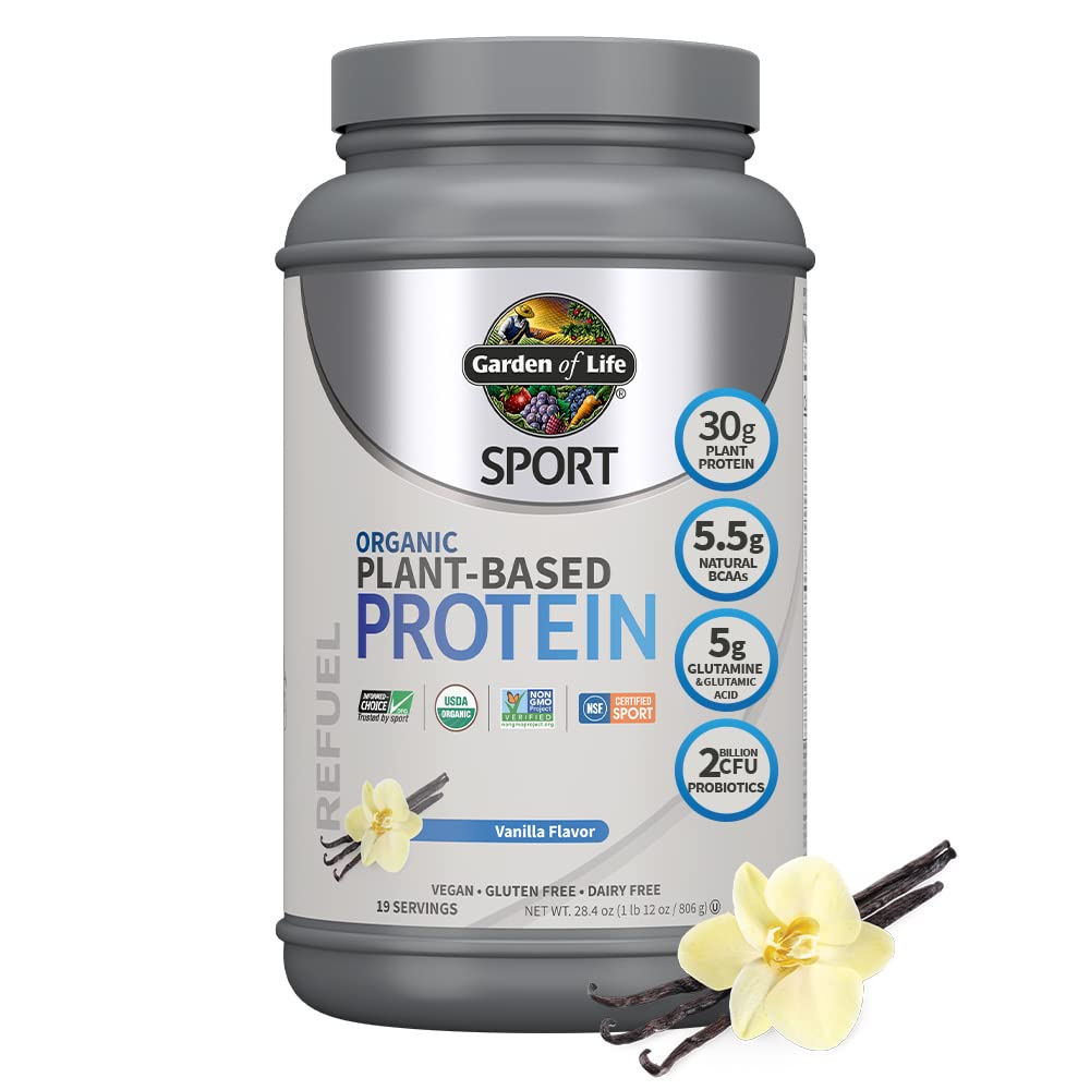 Organic Vegan Sport Protein Powder, Vanilla - Probiotics, BCAAs, 30g Plant Protein for Premium Post Workout Recovery - NSF Certified, Keto, Gluten & Dairy Free, Non GMO - Garden of Life - 19 Servings