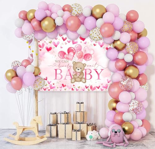 Avezano Bear Baby Shower Backdrop for Girl Pink Hearts Balloons Bear Theme Baby Shower Photo Background We Can Bearly Wait Baby Shower Party Decorations (7x5ft)