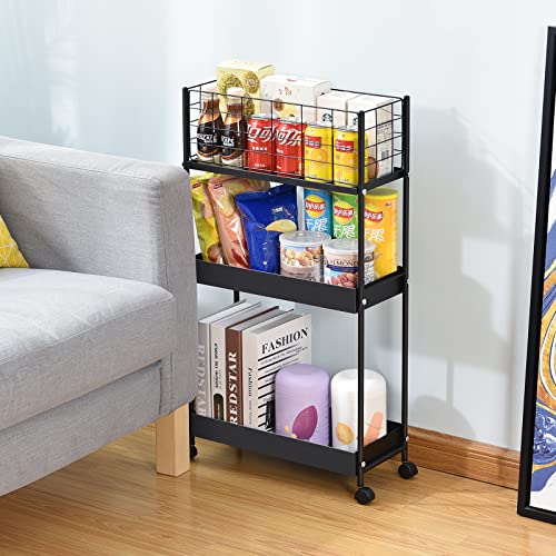 KINGRACK 3-Tier Metal Rolling Utility Cart, Slim Storage Cart, Slide Out Storage Cart, Small Rolling Trolley Kitchen Cart, Cart for Bathroom Laundry Room Office Narrow Place, Black