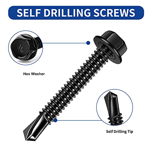 Self Drilling Screws - #8 x 1/2'' to 1-1/2'' Hex Washer Head Screw Kit, 410 Stainless Steel Black Self Tapping Screws, Self Tapping Sheet Metal Tek Screws 220 PCS