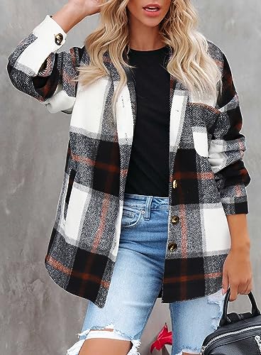 Beaully Women's Flannel Plaid Shirts Long Sleeve Button Down Chest Pocketed Shacket Jacket Coats 6025 Dark Blue Large