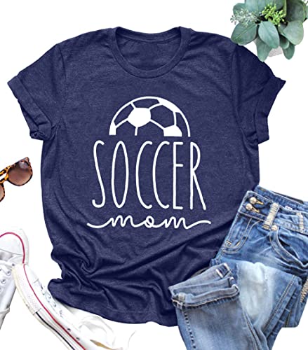 FLOYU Women Soccer Mom Shirt Soccer Ball Graphic Tee Football Mommy Letter Printed Tops Game Day Short Sleeve Shirt Black