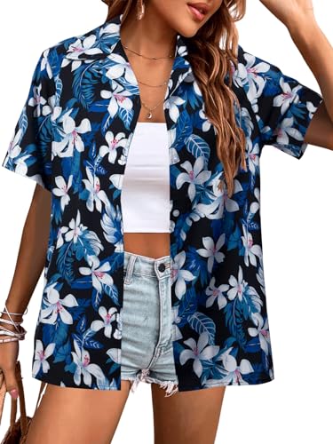 Women Hawaii Shirts: Soft Cool Floral Tropic Print V Neck Summer Tops Short Sleeve Button Up Tops T-Shirt Navy Blue