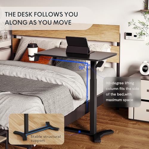 FLEXISPOT Medical Adjustable Overbed Bedside Table with Wheels Pneumatic Mobile Standing Desk Laptop Desk Rolling Computer Cart Movable Overbed Table Hospital Home Use(31.5" W x 17.7" D, Black Large)