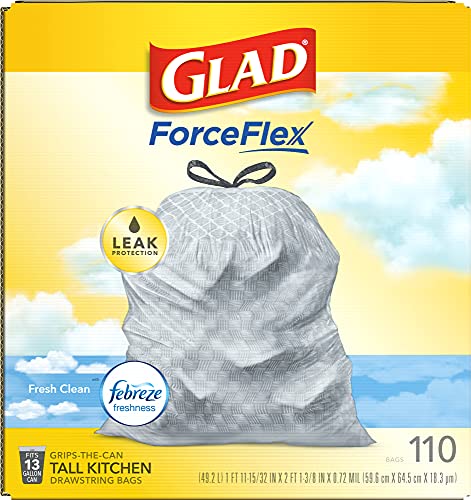 Glad Tall Kitchen Drawstring Trash Bags - Odorshield 13 Gallon White Trash Bag, Febreze Fresh Clean, 110 Count