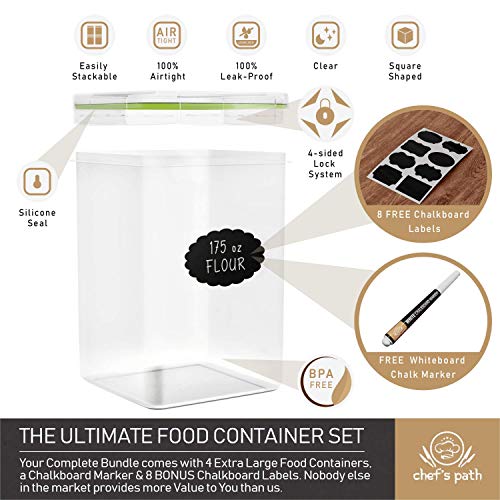 Chef's Path Kitchen Storage Box Set of 4 Extra Large Airtight Food Storage Jars for Sugar Flour Cereal Rice - Measuring Spoons, Pen and Food Preservation Labels (5.2 L)
