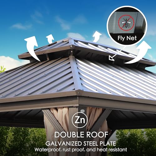 Kozyard Caesar 10'x10' Hardtop Gazebo - Permanent Metal Pavilion with Netting and Shaded Curtains for Patio, Backyard, and Deck - Galvanized Steel Outdoor Aluminum Canopy, Double Roof Gazebo (Brown)